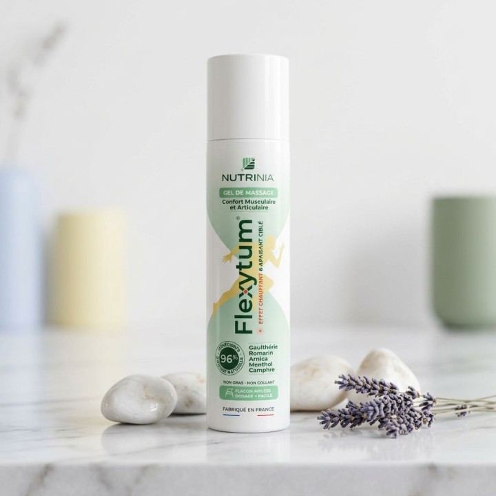 Flexytum Gel Nutrinia massage arnica, gaulthérie, romarin, menthol, camphre, flacon pompe Airless 100 ml