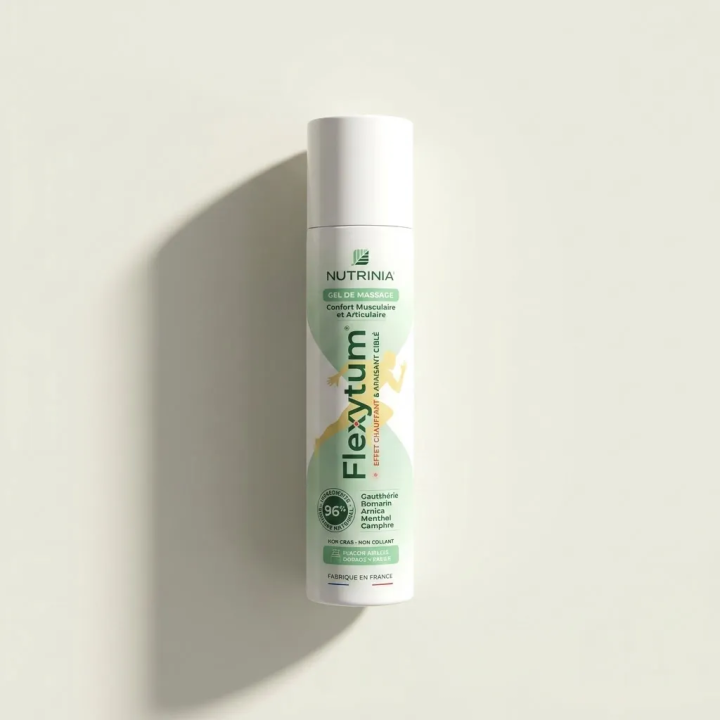 Flexytum Gel Nutrinia massage arnica, gaulthérie, romarin, menthol, camphre, flacon pompe Airless 100 ml